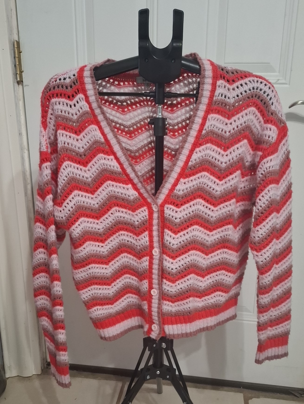 Kensie Pink & Coral Chevron Openwork Button  Sweater